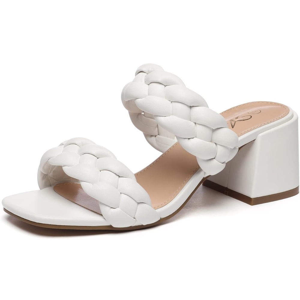 Women's White Braided Block Heel Sandals
